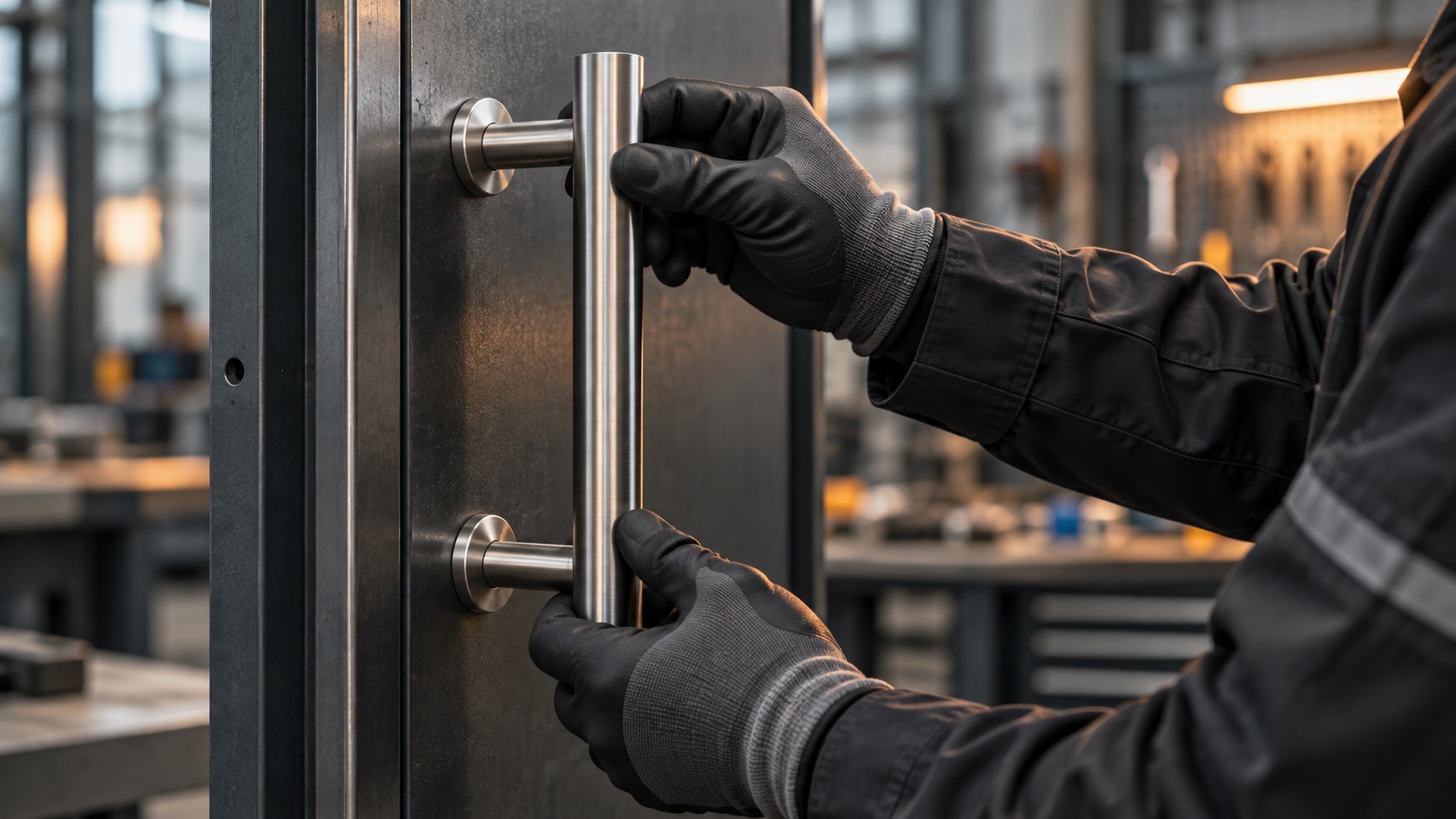 mytiburk-leistung-service-reparaturen Behandschuhte Hände richten einen Edelstahlgriff aus