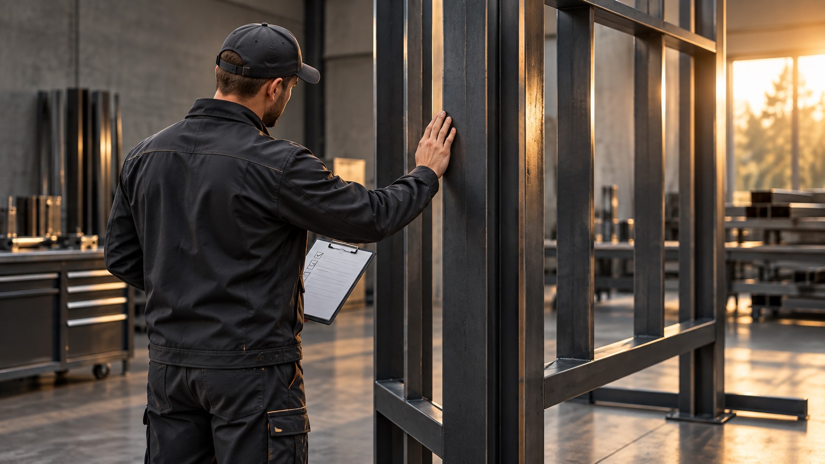 mytiburk-wartung-sektion Fachperson prüft einen architektonischen Metallrahmen
